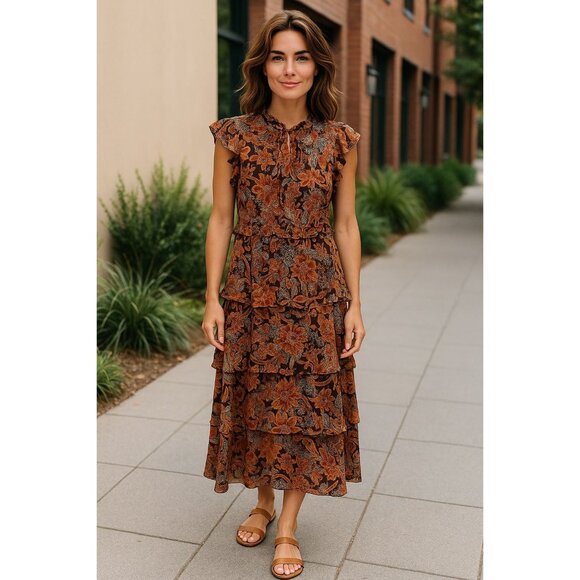 Julia Jordan Floral Tiered Flutter Sleeve Midi Dress In Brown Multi Size 12 - Picture 1 of 6